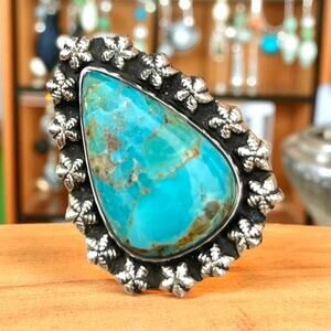 Sterling Silver NATIVE Style Southwest BIG TURQUOISE Ring Starburst Triangle 7